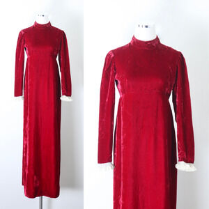 Vintage 1960s Emma Domb Victorian Revival Velvet Maxi Dress Red Lace Ruffle